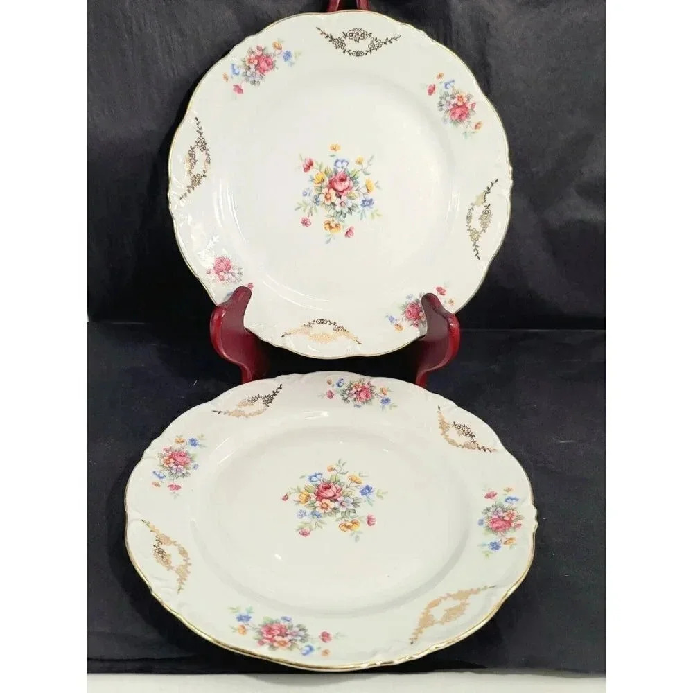 VINTAGE Schirnding Bavaria, 9.5" GOLD GILT FLORAL FLOWER PORCELAIN PLATE Set 2